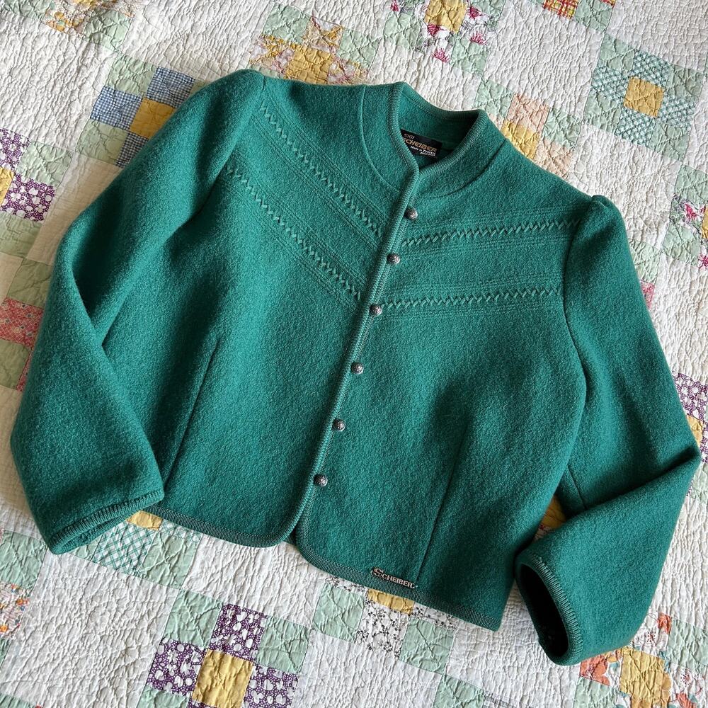 Vintage 70s/80s Green Austrian Wool Folk Puff Sleeve Cardigan Sweater XL